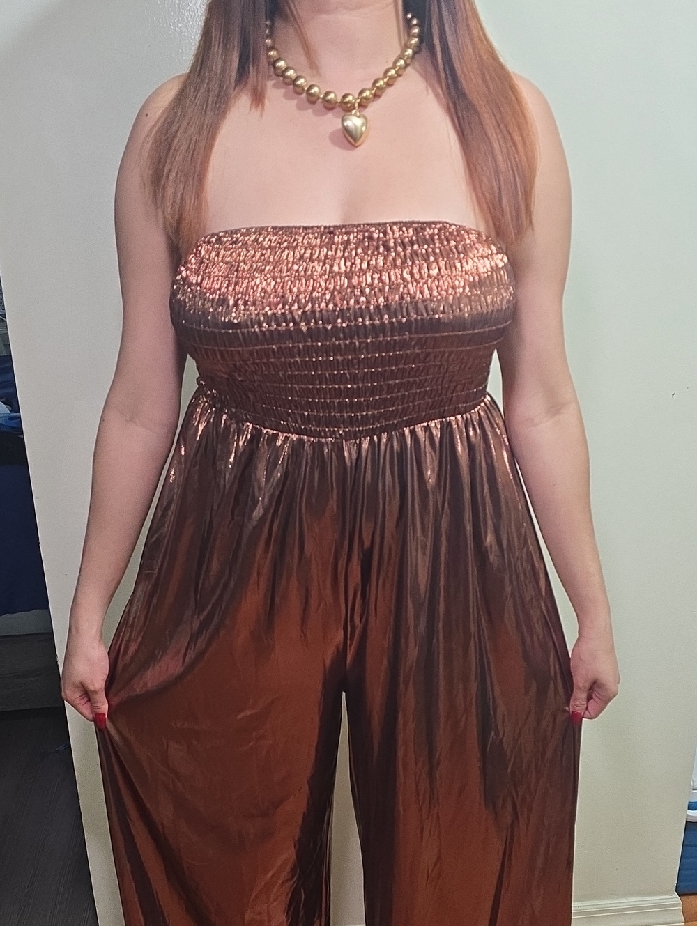 Strapless Metallic Brown Wide-Leg Jumpsuit